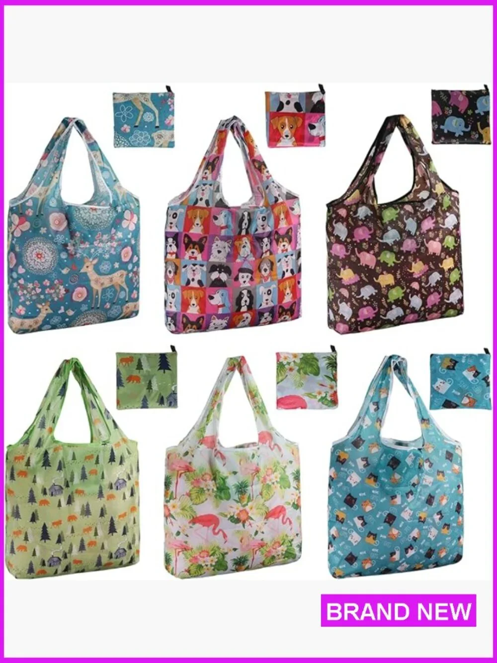 Foldable Reusable Grocery Totes 6 Pack Nylon Shopping Bags Machine Washable